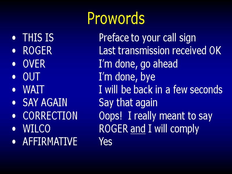 Prowords THIS IS  Preface to your call sign ROGER  Last transmission received